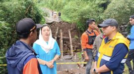 Bupati Brebes Paramitha Widya Kusum (tengah) saat meninjau Jembatan Kalibuntu yang ambruk di Desa Cilibur, Paguyangan, Brebes, Sabtu (4/4/2026). Foto: Ist