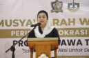 Bupati Paramitha Widya Kusuma memberikan sambutan di acara fokus Musyawarah Wilayah (Muswil) I Perisai Demokrasi Bangsa Provinsi Jawa Tengah, di King Royal Hotel Brebes, Sabtu (13/6/2026). Foto: ist